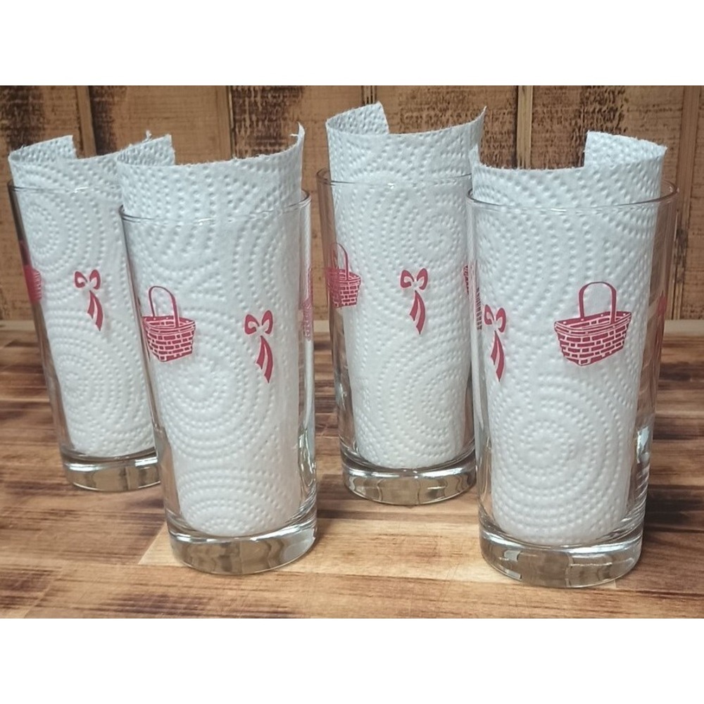 4 GLASS BASKET RED RIBBON JUICE LIBBEY SWANKY SWIG‎ VINTAGE COUNTRY Set Of 4